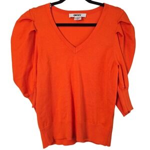 🆕️ - NWOT - DKNY Womens Orange Puff Sleeve V-Neck Knit Sweater Top Size Medium